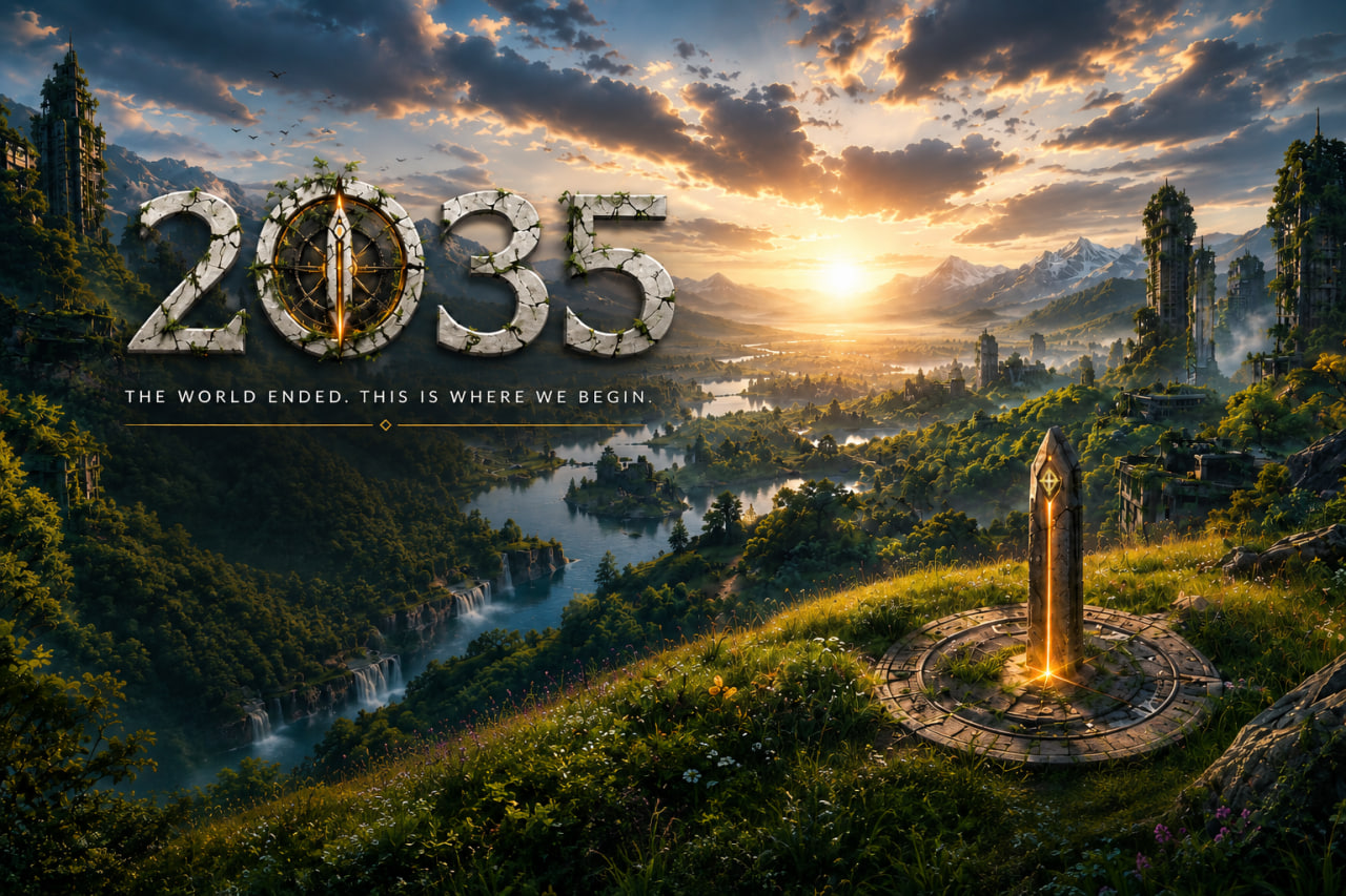 A regrown Earth in 2035: ruined skyscrapers wrapped in forest above a river valley at sunrise, with the stone 2035 wordmark carved into the sky.